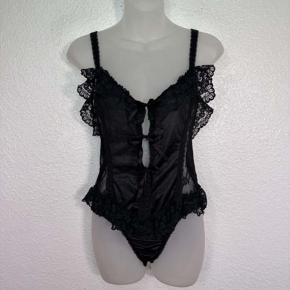 Vintage Delicates Teddy Bodysuit Womens Medium Lace Tie Front Black Lingerie
